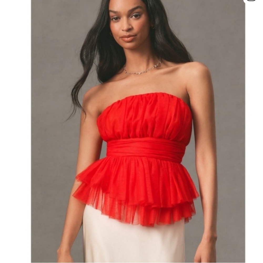 Anthropologie: Flat White Red Tulle peplum Strapless top-Small
